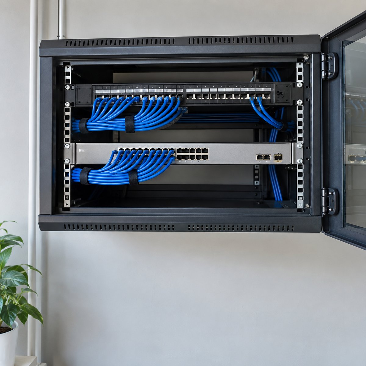 Illustratie van een netwerkkast met switch, patchpaneel en blauwe netwerkkabels